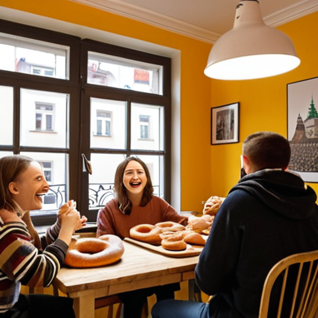 **

"Co-living space in Krakow, Poland.  A group of young adults, some Polish, some international, gathered around a table filled with *obwarzanki* (Polish bagels).  Laughter and conversation fill the air.  Kazimierz district visible through the window in the background, warm and inviting lighting. Focus on cultural immersion and shared experience."

**
