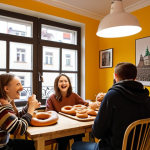 **

"Co-living space in Krakow, Poland.  A group of young adults, some Polish, some international, gathered around a table filled with *obwarzanki* (Polish bagels).  Laughter and conversation fill the air.  Kazimierz district visible through the window in the background, warm and inviting lighting. Focus on cultural immersion and shared experience."

**