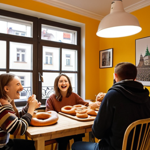 **

"Co-living space in Krakow, Poland.  A group of young adults, some Polish, some international, gathered around a table filled with *obwarzanki* (Polish bagels).  Laughter and conversation fill the air.  Kazimierz district visible through the window in the background, warm and inviting lighting. Focus on cultural immersion and shared experience."

**