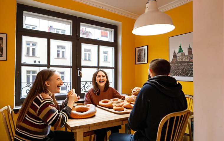 **
"Co-living space in Krakow, Poland. A group of young adults, some Polish, some international, gathered around a table filled with *obwarzanki* (Polish bagels). Laughter and conversation fill the air. Kazimierz district visible through the window in the background, warm and inviting lighting. Focus on cultural immersion and shared experience."
**